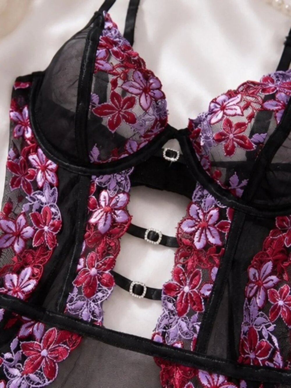 Floral Embroidered Mesh Teddy Bodysuit Lingerie โ Black with Burgundy & Lavender - Picture 3 of 5